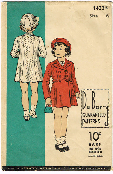 Du Barry 1433: 1930s Toddler Girls Princess Coat Vintage Sewing Pattern