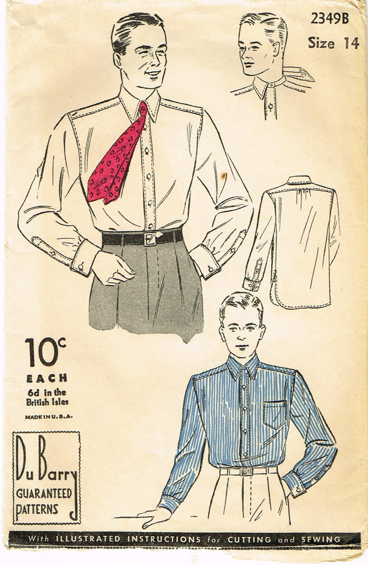 1930s Vintage Du Barry Sewing Pattern 2349 Men's Dress Shirt Size 14 3 – Vintage4me2