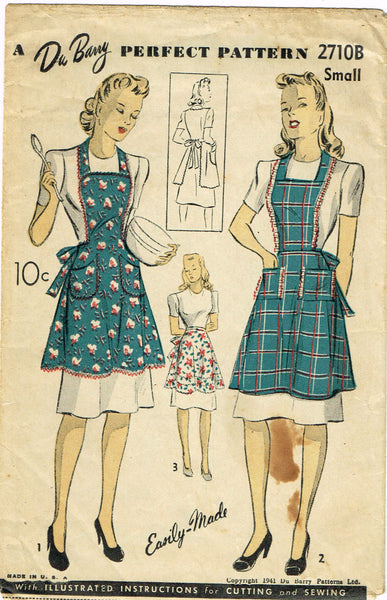 1940s Vintage Du Barry Sewing Pattern 2710 Misses WWII Full Bib Apron Sz 32 34 B