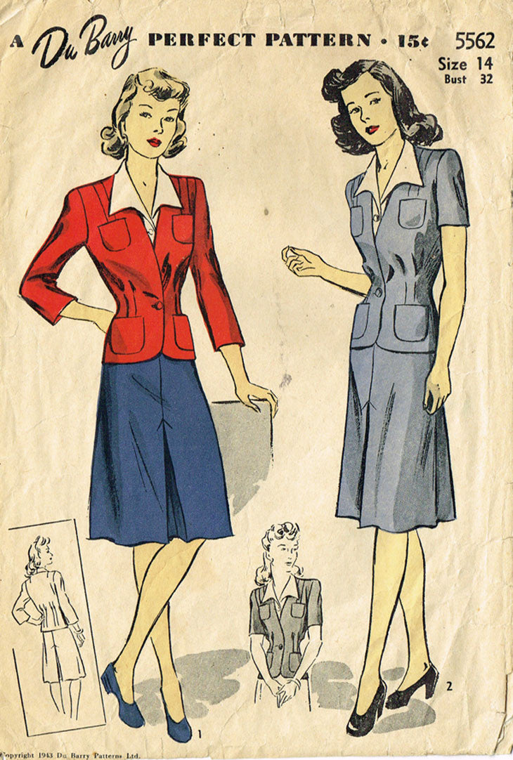1940s Vintage Du Barry Sewing Pattern 5562 Misses WWII Tailored Suit S ...