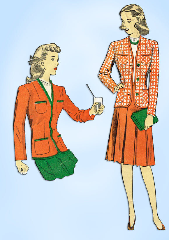 1940s Original Vintage Du Barry Pattern 5689 Charming WWII Misses Suit Sz 32 B