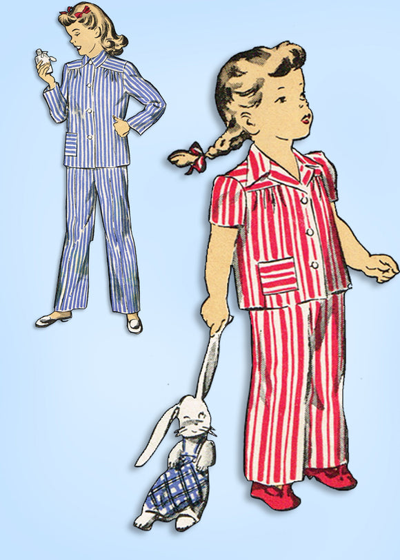 1940s Original Vintage Du Barry Pattern 5744 Easy WWII Little Girls Pajamas Sz 10