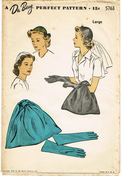 Du Barry 5763: 1940s Uncut Misses Hat Purse Gloves Sz LRG Vintage Sewing Pattern