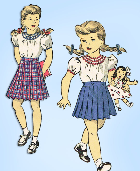1940s Vintage Du Barry Sewing Pattern 5782 WWII Girls Skirt & Blouse Size 8