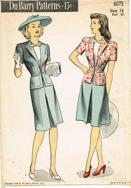 Du Barry 6075: 1940s Uncut WWII Misses 2 Piece Suit 36 B Vintage Sewing Pattern