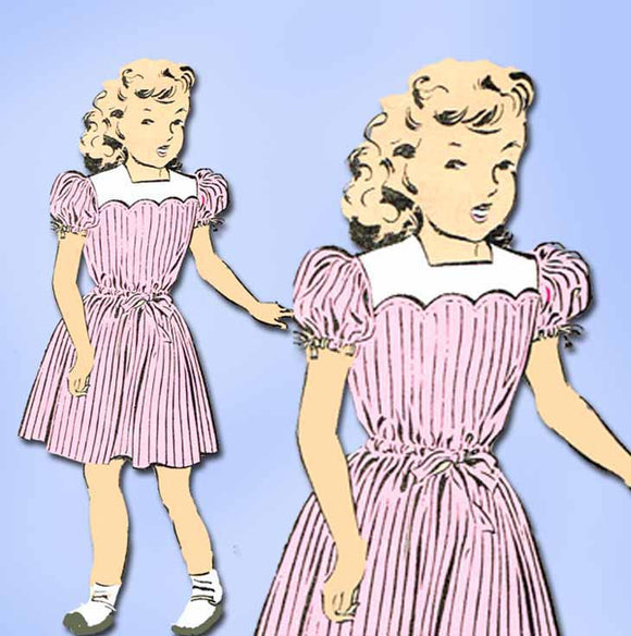 1940s Vintage Superior Sewing Pattern 6697 Little Girls Scalloped Dress Size 8