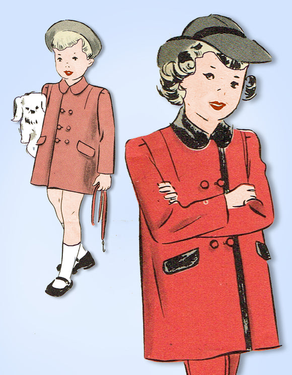 1940s Original Vintage Hollywood Pattern 1004 Toddler Girls WWII Boxy Coat Sz 4