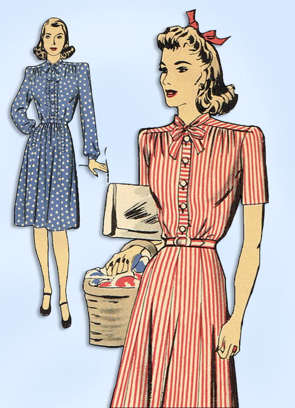 1940s Original Vintage Hollywood Pattern 1136 Uncut WWII Shirtwaist Dress Sz 34B