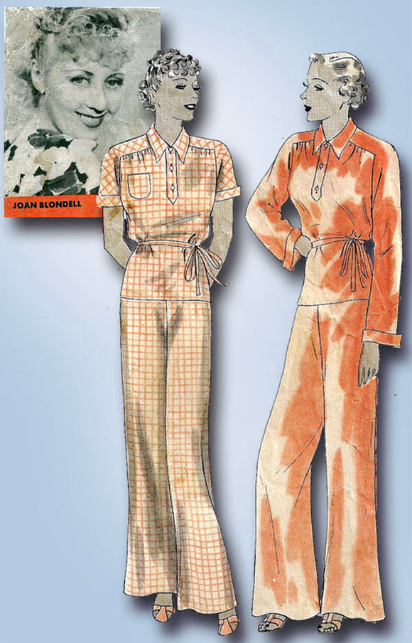 1930s Orig Vintage Hollywood Starlet Pattern 1200 Misses Lounging Pajamas Sz 38B