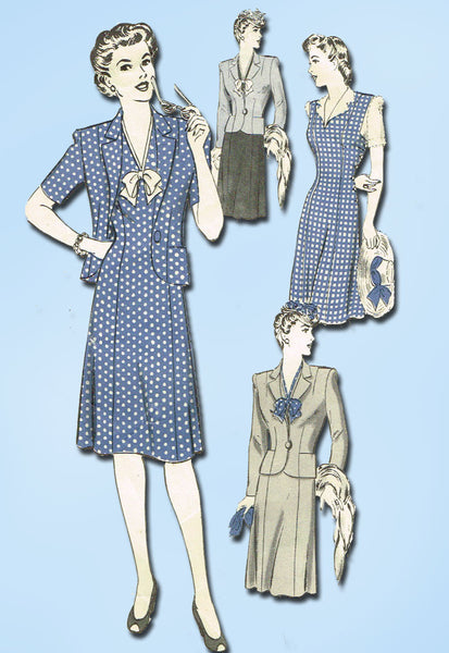 1940s Vintage Hollywood Sewing Pattern 1367 Misses WWII Dress and Jacket Sz 16 - Vintage4me2