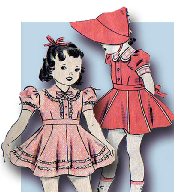 1930s Original Vintage Hollywood Pattern 1563 Toddler Girls Dress & Bonnet Sz 2