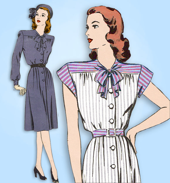 1940s Vintage Hollywood Sewing Pattern 1577 Uncut Misses Shirtwaist Dress Sz 32B