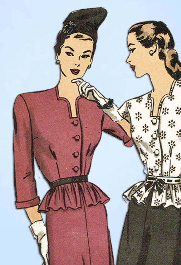 1940s Vintage Hollywood Sewing Pattern 1639 Uncut WWII Misses Peplum Suit Sz 30B