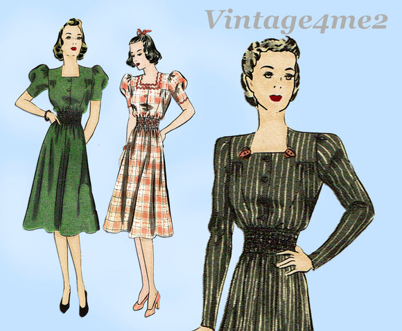 Hollywood 1685: 1930s Misses Dress w Shirred Waist Sz 32B Vintage Sewing Pattern