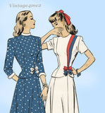 1940s Vintage Hollywood Sewing Pattern 1777 Uncut Misses WWII 2 PC Dress Sz 30 B