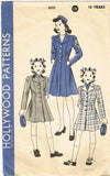 1940s Original Vintage Hollywood Pattern 600 Girls Princess Coat & Hat Size 10