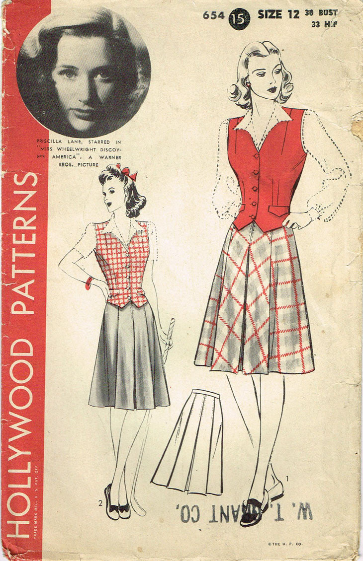 1940s Vintage Hollywood Starlet Sewing Pattern 654 Misses Skirt and Ve ...