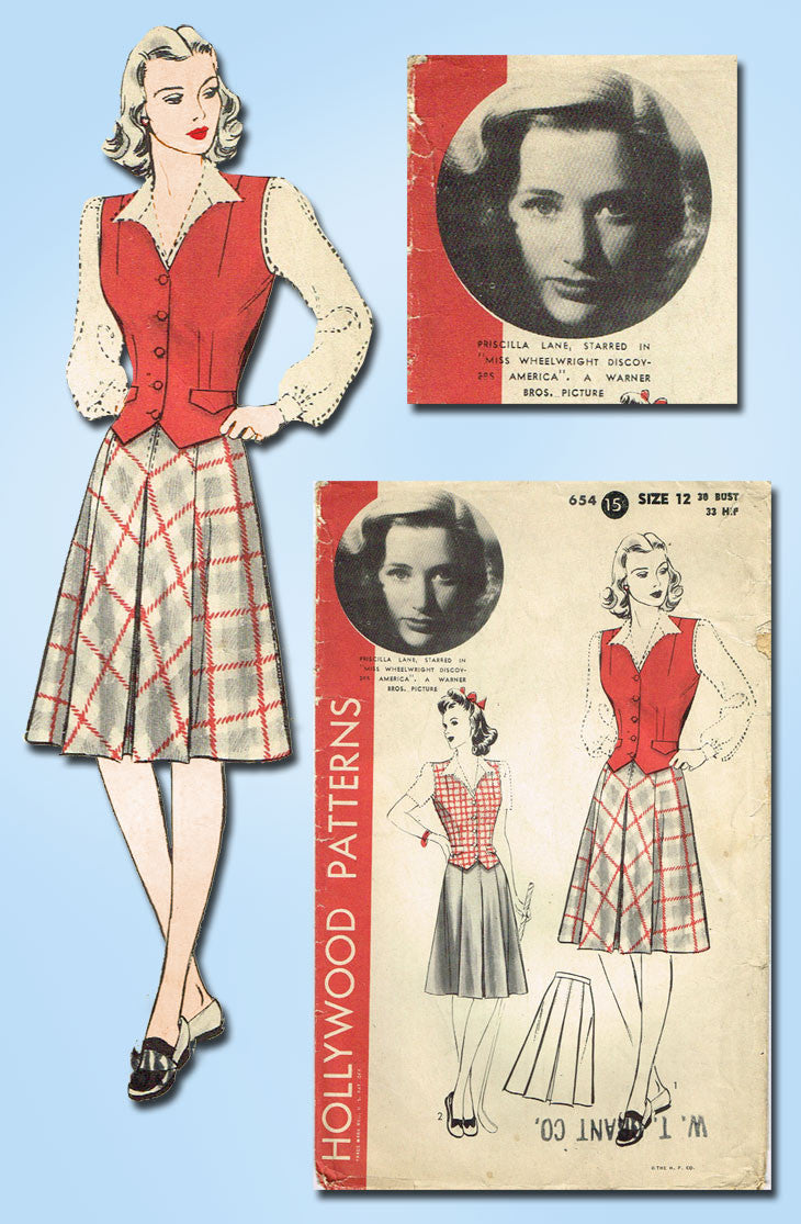 1940s Vintage Hollywood Starlet Sewing Pattern 654 Misses Skirt and Ve ...