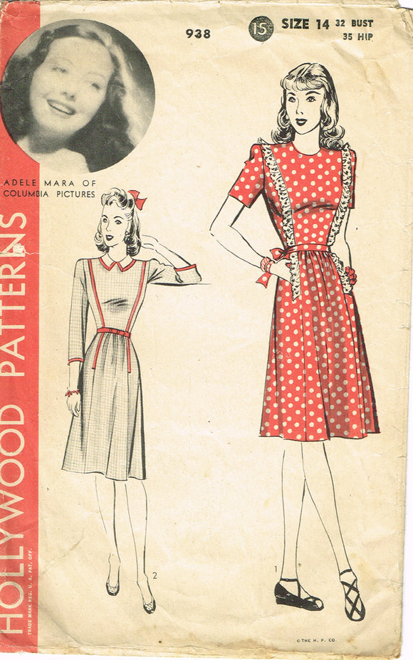 1940s Original Vintage Hollywood Starlet Pattern 938 WWII Misses Dress Size 32 B