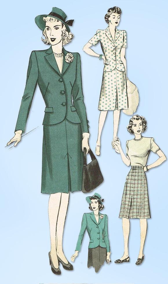 1940s Original Vintage Hollywood Pattern 949 Misses WWII 2 Piece Suit Size 32 B