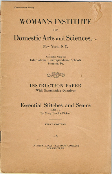 1910s Brooks Picken Woman's Institute Sewing Book 1A Essential Seams Stitches