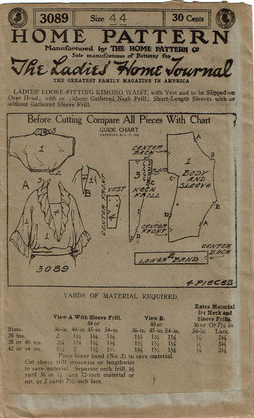 Ladies Home Journal 3089: 1920s Uncut Misses Blouse 38 B Vintage Sewing Pattern