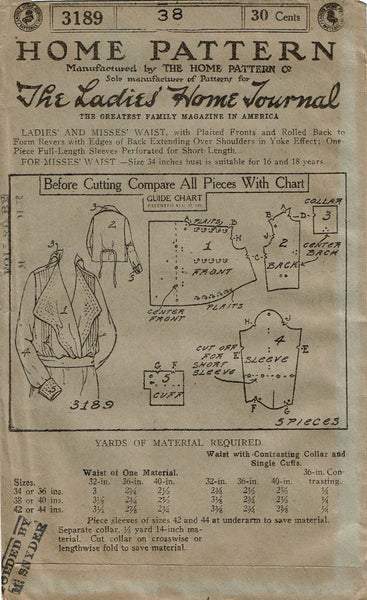 Ladies Home Journal 3189: 1920s Uncut Misses Blouse 38B Vintage Sewing Pattern