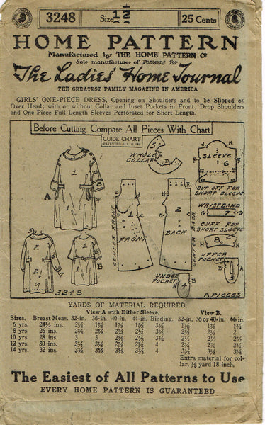 Ladies Home Journal 3248: 1920s Uncut Girls Dress Vintage Sewing Pattern