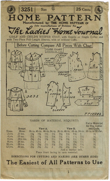 Ladies Home Journal 3251: 1920s Uncut Girls Reefer Coat VTG Sewing Pattern