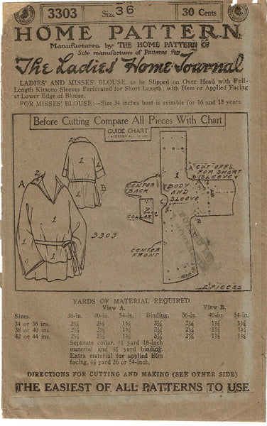 Ladies Home Journal 3303: 1920s Uncut Misses Blouse 36 B Vintage Sewing Pattern