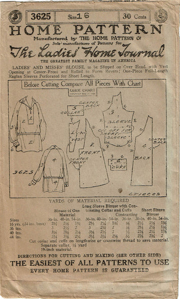 Ladies Home Journal 3625: 1920s Uncut Misses Blouse 40B Vintage Sewing Pattern