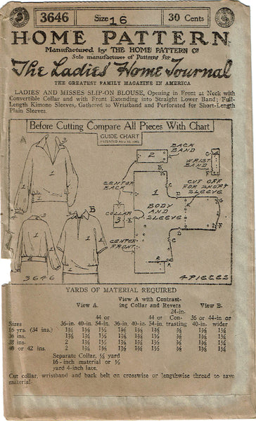 Ladies Home Journal 3646: 1920s Uncut Misses Blouse Vintage Sewing Pattern