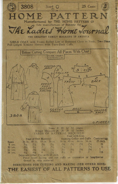 Ladies Home Journal 3808: 1920s Uncut Girls Winter Coat Vintage Sewing Pattern