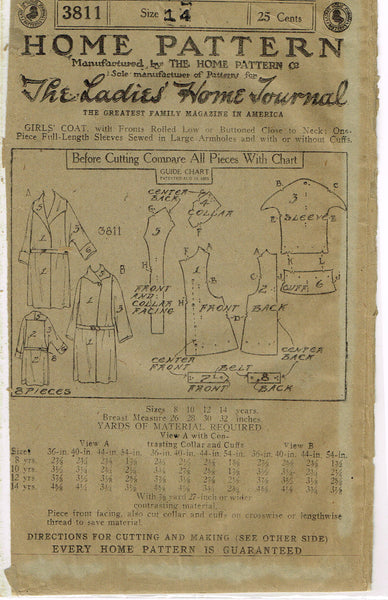 Ladies Home Journal 3811: 1920s Uncut Girls Winter Coat Sz14 VTG Sewing Pattern