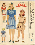 1940s Vintage McCall Sewing Pattern 1026 WWII Girls Embroidered Dress Size 8