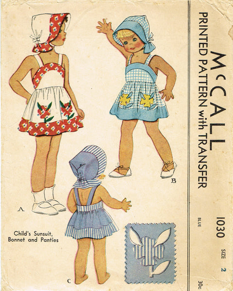 McCall 1030: 1940s Toddler Girls Pinafore Sun Dress Sz 2 Vintage Sewing Pattern