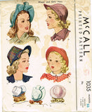 1940s Original Vintage McCall Sewing Pattern 1035 Misses Set of Brimmed Hats - Vintage4me2