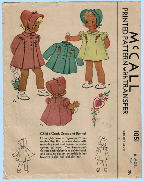 McCall 1051: 1940s Baby Girls Dress Coat & Bonnet Sz 6mos Vintage Sewing Pattern