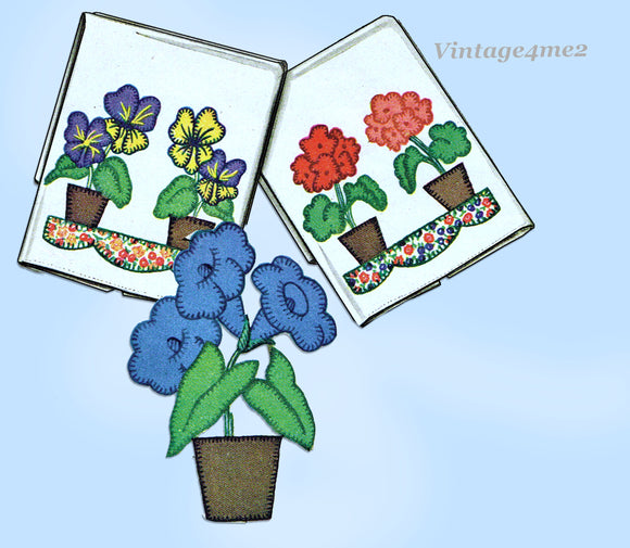 1940s VTG McCall Embroidery Transfer 1113 Darling Applique Flower Pot Tea Towels
