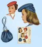 1940s Vintage McCall Sewing Pattern 1115 Misses Hat and Purse Millinery Set 23in - Vintage4me2