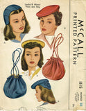 1940s Vintage McCall Sewing Pattern 1115 Misses Hat and Purse Millinery Set 23in - Vintage4me2