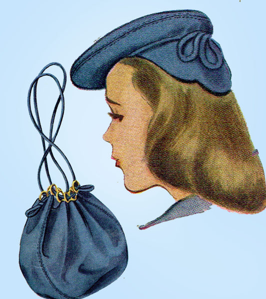1940s Vintage McCall Sewing Pattern 1115 Misses Hat and Purse Millinery Set 23in - Vintage4me2