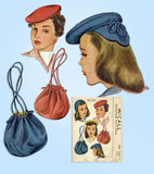 1940s Vintage McCall Sewing Pattern 1115 Misses Hat and Purse Millinery Set 23in - Vintage4me2