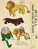 1940s Vintage McCall Sewing Pattern 1223 WWII Stuffed Lion & Dachshund Dog Doll - Vintage4me2