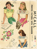 1940s Vintage McCall Sewing Pattern 1248 Toddler Girls Embroidered Blouse Sz 6 - Vintage4me2