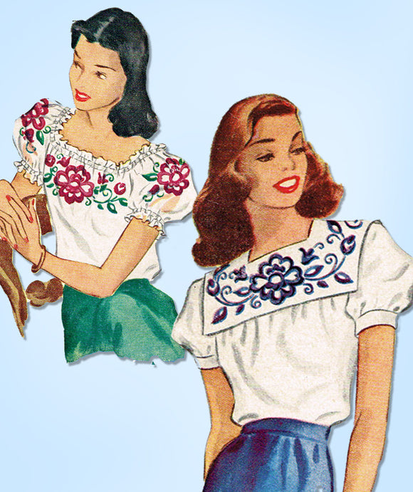 1940s Vintage McCall Sewing Pattern 1254 Uncut Misses Embroidered Blouse Size 12 - Vintage4me2