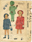 McCall 1280: 1940s Cute Toddler Girls Coat & Hat Size 2 Vintage Sewing Pattern