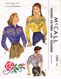1940s Vintage McCall Sewing Pattern 1295 Misses Embroidered Western Shirt Sz 32B