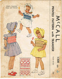 McCall 1308: 1940s Toddler Girls Dress & Bonnet Size 2 Vintage Sewing Pattern