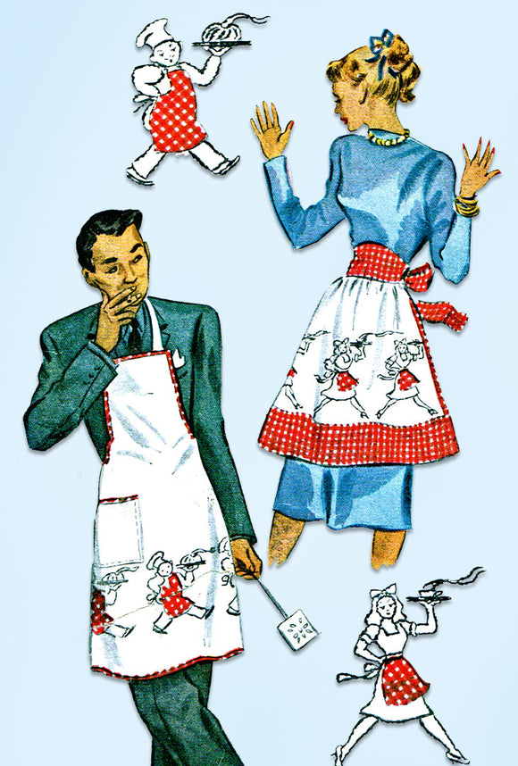 1940s Vintage McCall Sewing Pattern 1319 His and Hers Novelty Apron Fits All